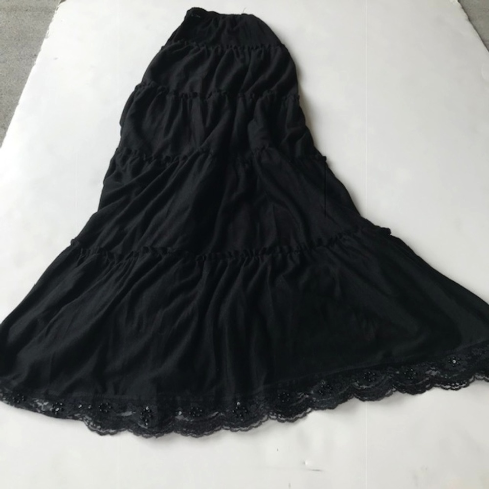 Black Tiered Maxi Skirt Beaded Lacy Joe Benbasset - Picture 1 of 8